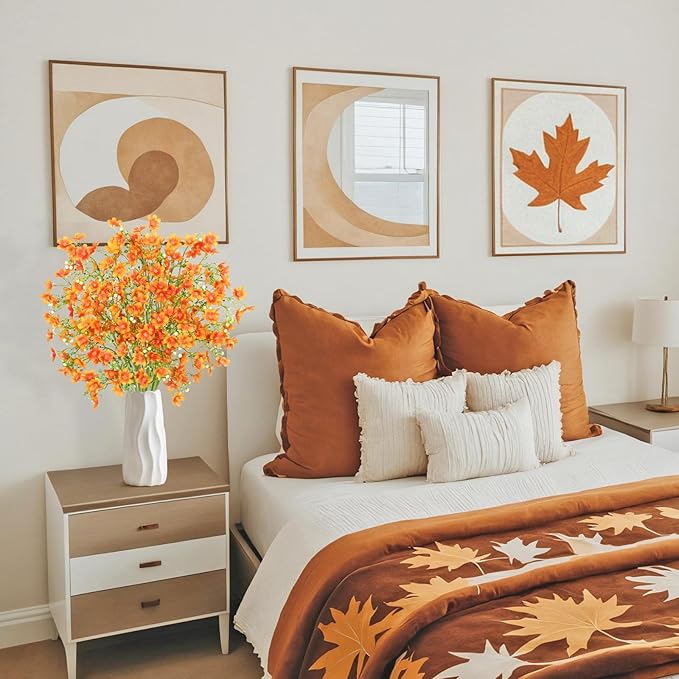 8PCS Fake Fall Flowers Real Touch Silk Flowers,Orange Artificial Flowers for Decorations, Babys Breath Artificial Flowers Bulk for Halloween Thanksgiving Fall Decor (Orange, 8PCS)