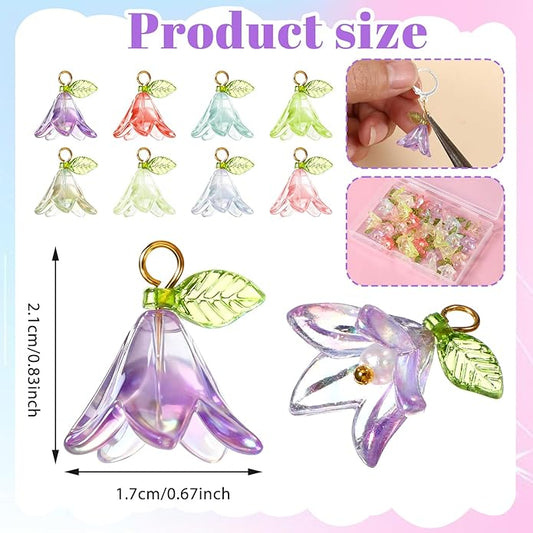 32PCS Lily Flower Charms for Jewelry Making, Multi Color Acrylic Floral Pendants, Plastic Dangle Flower Charms with Hanging Rings for Necklace Bracelet Earring DIY Crafts Decoration