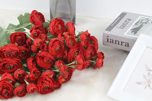 Silk Ranunculus Artificial Flowers 5PCS Long Stem Red Fake Peonies 21.65" Real Look Faux Ranunculus Flowers for Floral Arrangements Home Wedding Party Festival Decor (Red)