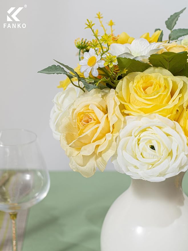 FANKO Artificial Flowers Yellow Rose, Mixed Fake Silk Flowers Combo Cream White Rose Yellow Dahlia Spring Assorted Blooms for DIY Wedding Bridal Bouquets/Centerpieces/Home Decor