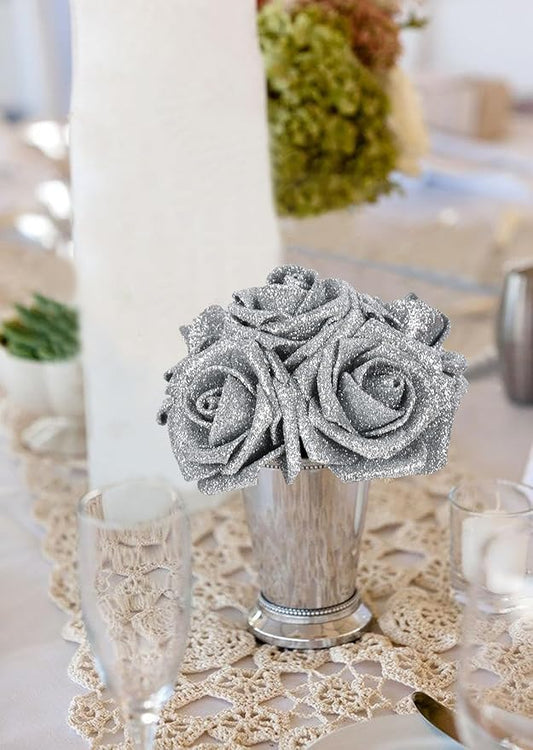 Glitter Silver Roses Artificial Flowers 30pcs Silver Flowers Artificial Roses with Stems Glitter Roses for Wedding Corsage Floral Bridal Shower Centerpieces Table Decor