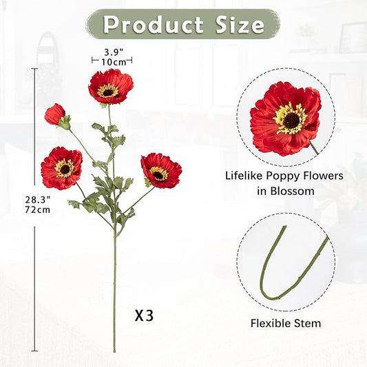 28.3" Red Artificial Flowers Poppy Flowers 3Pcs Silk Fake Poppy Flowers Real Touch Faux Poppies Spring Flower Long Stem Arrangement with 4 Heads for Party Centerpiece Bouquet Table Home Decoration
