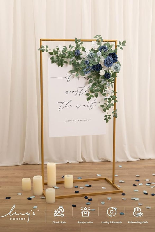 Ling's moment Wedding Artificial Welcome Sign Flowers Swag Arch Floral Garland Decorations Dusty Blue Navy for Ceremony Reception Entrance Entryway Party Banquets Easel Home Outdoor(NOT Include Sign)