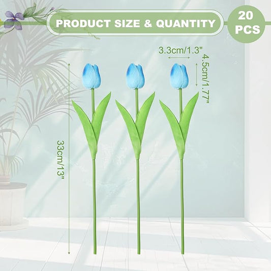uxcell 20pcs Tulips Artificial Flowers, Faux Flowers Silk Fake Tulip Stems Real Touch for Wedding Bouquet Centerpiece Table Party Decoration(Gradient Blue)