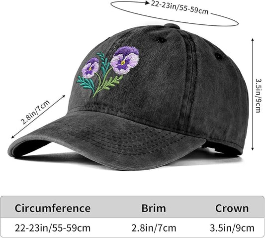 Cute Flower Hat, Elegant Floral Embroidered Adjustable Baseball Cap for Men Women, Gifts for Flower Lovers, Black