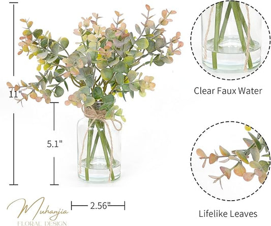 Artificial Eucalyptus Stems in Glass Vase with Faux Water,6Pcs Grey-Orange Fake Plant for Centerpiece (Grey-Orange Eucalyptus)