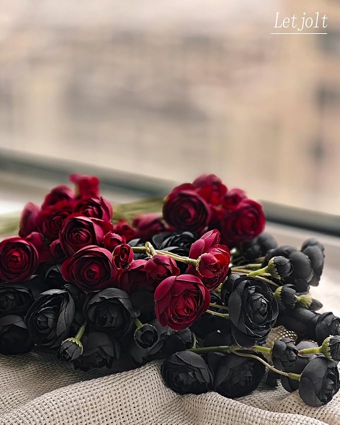 Letjolt Ranunculus Artificial Flower 18 Pcs Black Silk Ranunculus Wedding Bouquet Engagement Centerpieces Arrangements Bridal Shower Decorations Home Decor, Black
