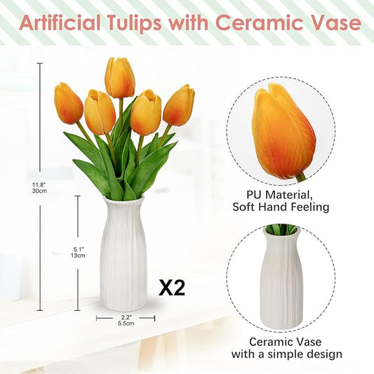 Briful 2 Packs Faux Flowers Artificial Tulips with Ceramic Vase, Poly Foam Orange Tulips Real Touch Flower Arrangement for Home Kitchen Wedding Centerpiece Decoration