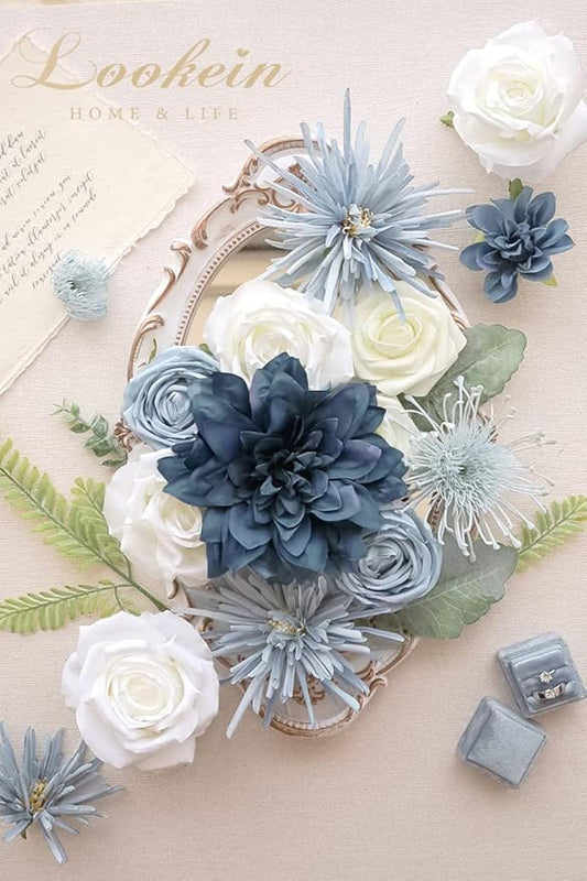 Lookein Artificial Flowers for DIY Wedding Decoration Bridal Bouquet Table Centerpieces Flower Garland Wreaths Aisle Arch Flower Decoration Home Decor, Retro Dusty Blue