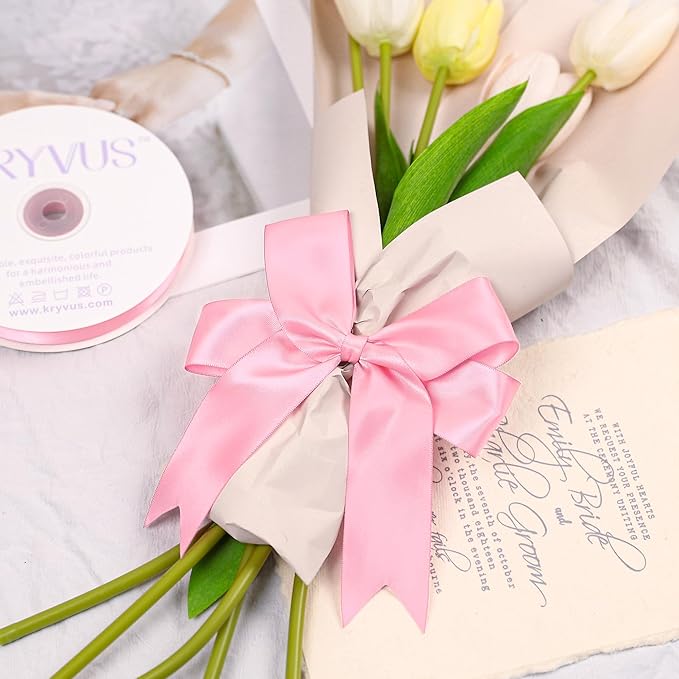 Pink Satin Ribbon, Double Faced 1-1/2 Inch X 25 Yards Pink Ribbon, Premium Satin Ribbon for Gift Wrapping, Crafts, Hair Bow Making, Sewing, Flower Bouquet, Wedding Party Decor