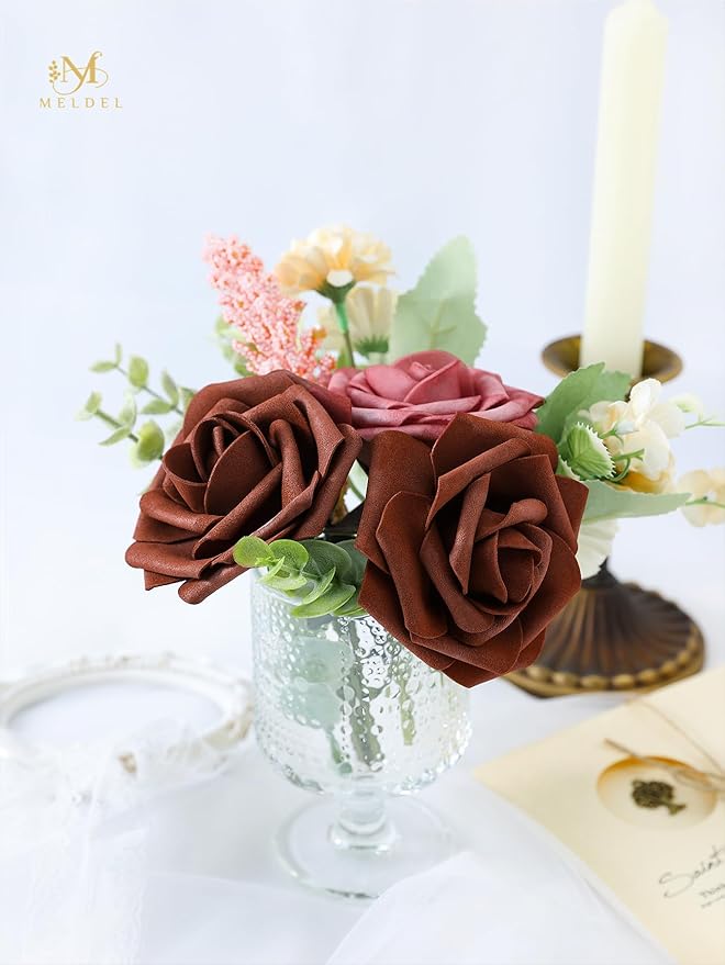 Meldel Artificial Flowers 50pcs Real Looking Rust Red Foam Fake Roses with Stems for DIY Wedding Bouquets Bridal Shower Centerpieces Floral Arrangements Home Decorations Bulk Crafts Rose