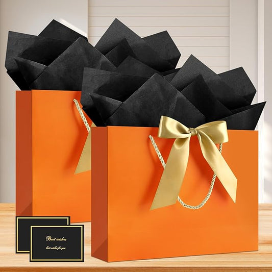 JMANNI 1PCS Large Gift Bag with Ribbon and 1 Greeting Card 2 Tissue Papers, Portable Paper Gift Bag with Handles, Birthday Present Bags for Wedding Party,Mothers Day12.6" x 9.8" x 3.9"(Orange