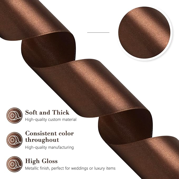 Brown Satin Ribbon 2 Inch 60 Yards, Brown Ribbons for Flower Bouquet, Wedding, Crafts, Gift Wrapping, Baby Shower, Christmas, Easter, Halloween