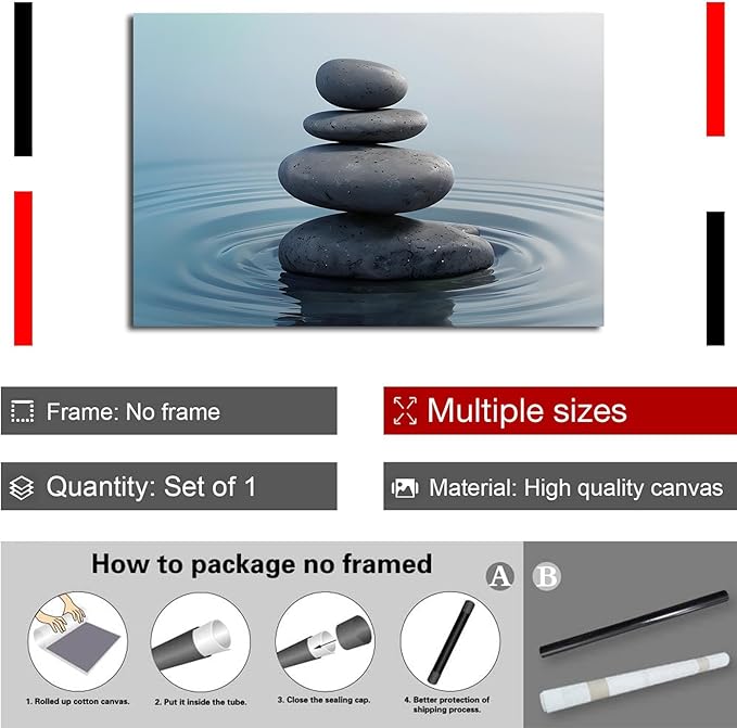 Zen wall art Harmonious grey stones stacked on a calm surface of water Serene Zen decor suitable for tranquil homes and spaces of meditation 20x30in Frameless