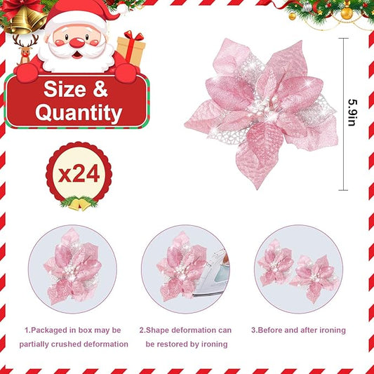 24 Pcs Christmas Poinsettia Flowers Artificial with Clips, 5.9" Christmas Decor Glitter Poinsettia Flowers for Christmas Tree New Year Wedding Party Wreath DIY Garland Decor (Pink)