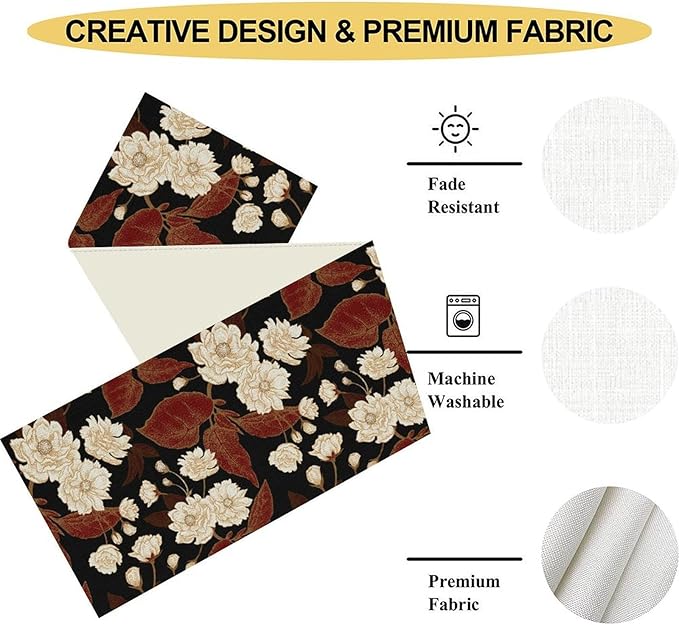 Boho Floral Table Runner, Black White Minimalist Vintage Rustic Flower Botanical Leaf Print Table Center Decor for Family Kitchen Table Decorations Indoor Outdoor 13x90 inch