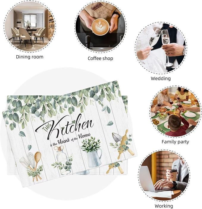 Eucalyptus Leaves Kitchen Table Placemats Set of 4 Rustic Green Plant Print Placemat Indoor Outdoor Party Home Desktop Dining Room Decoration 12x18 Inch