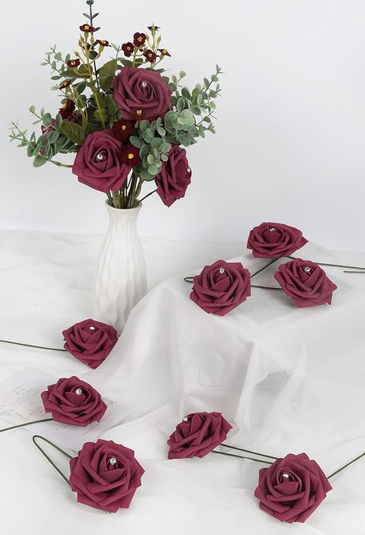 Burgundy Roses with Crystal 50PCS Artificial Rose Flowers with Stems 2.95" Burgundy Flowers Artificial Foam Roses for Bridal Shower Wedding Bouquets Centerpiece Home Table Decor