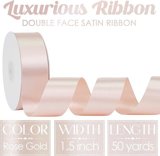 MEEDEE Rose Gold Satin Ribbon 1-1/2 Inch Rose Gold Ribbon Lux Double Faced Satin Ribbons by 50 Yards Polyester Satin Ribbons for Crafts, Wedding, Flower Bouquet, Holiday Decorating