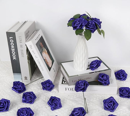 Artificial Roses,50PCS Royal Blue Roses Artificial Flowers 2.76" Sparkle Roses Glitter Flowers for Wedding Christmas DIY Wreath Home Table Floral Arrangement(Royal Blue)