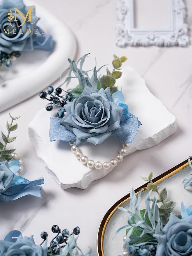 Meldel Dusty Blue Rose Wrist Corsage for Women, Set of 6, Wedding Bridal Corsage Hand Flower Decor for Prom Corsages Party Homecoming, Wristband Flowers for Bride Bridesmaid Girl Mother Wristlet Décor
