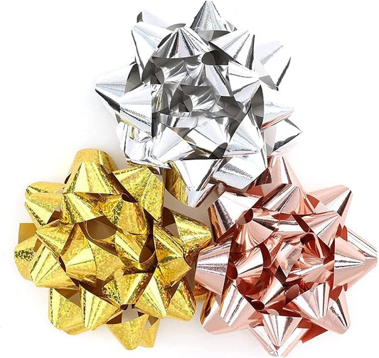 CHOIEO 15 Pcs Gift Bows Assortment, 4.5" Wide Bow for Christmas, Birthdays, Holiday, Presents, Wrapping Paper, Anniversaries, Baby Showers, Bridal Showers, Hanukkah (Rose Gold+Silver+Gold)