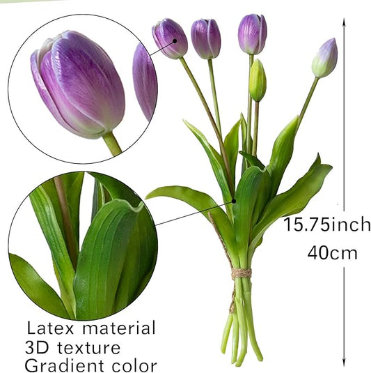 15pcs Artificial Tulips Flowers, Real Touch Latex Bouquet, Fake Tulips for Office Wedding Party Home Kitchen Garden Decoration-B Amethyst