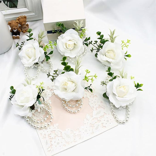 Meldel White Corsage and Boutonniere Set, Ivory Boutonniere, Prom Flower Wrist Corsage Bracelets, Homecoming Corsage Wristlet, Men Boutonniere for Wedding Flowers Accessories Prom Suit Decorations