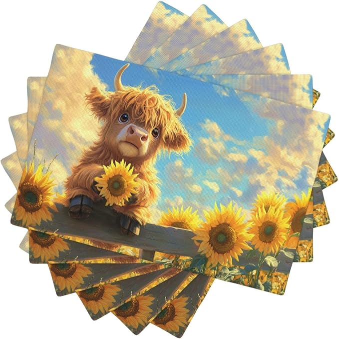 Cute Highland Cow Placemats Set of 6 Washable Table Mats Summer Yellow Sunflower Heat-Resistant Cotton Linen Place Mats for Dining Table Kitchen Indoor Outdoor Party Holiday Decor