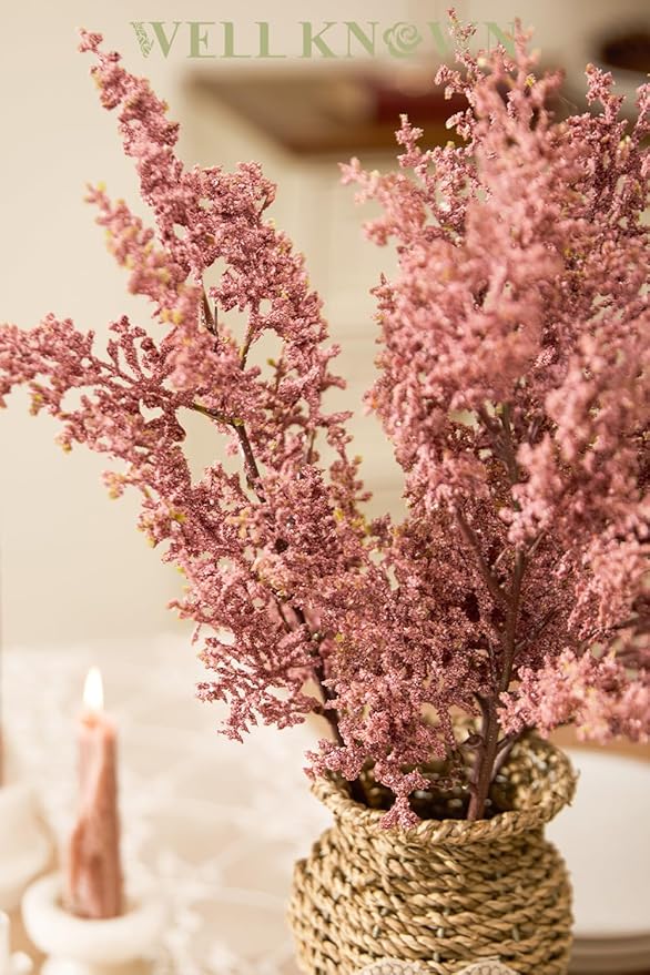 WELL KNOWN 4 Pcs Glitter Artificial Cedar Spray 19.5" Pink Floral Picks Faux Cedar Pine Branches Stems, DIY Pink Floral Arrangements for Home Vase Wedding Wreath Xmas Tree Holiday Decoration & Gift