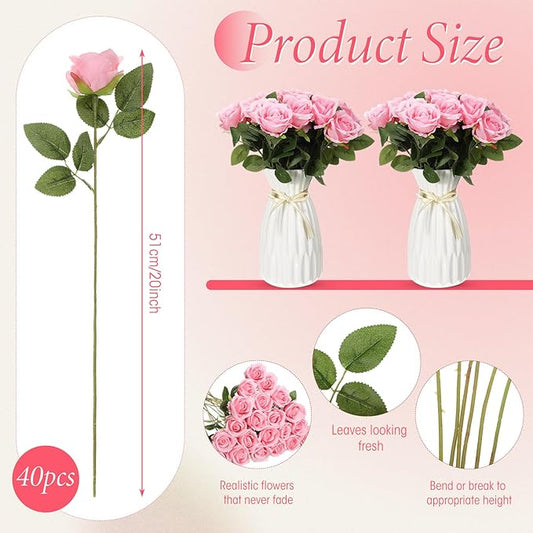 Hotop 40 Pcs Rose Artificial Flowers Bulk with Long Stem,Realistic Silk Fake Roses Bouquet for Home Wedding Centerpieces Party Table Decoration Valentines Gifts(Pink)