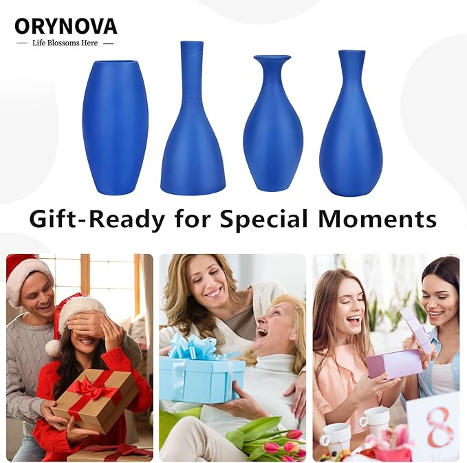 Matte Blue Ceramic Vase 4 Piece Set, Navy Blue Vase for Rustic Modern Home Decor, Coastal Decorative Vases for Living Room, Kitchen,Table,Shelf,Office,Housewarming,Gift