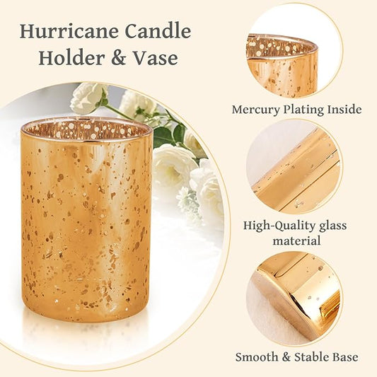 CHILL RECIPE Gold Cylinder Vases Glass Candle Holders Bulk, Mercury Hurricane Candle Holder Small Flower Vases for Centerpieces Tea Light Pillar Votive Candles Wedding Decor Party (8 Set 24Pcs)
