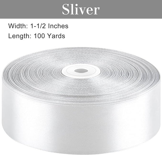 1-1/2 Inches 100 Yards Silver Satin Ribbon, Solid Fabric Ribbon Roll for Flower Bouquets, Gift Wrapping, Wedding, Handmade Crafts