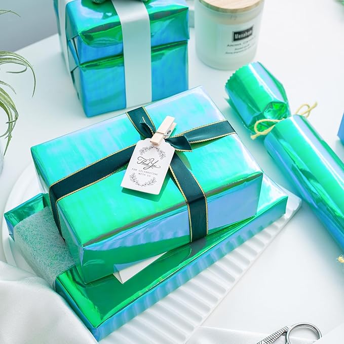 Christmas Green Iridescent Gift Wrap Paper - 17Inch x 33Feet - Luxury Solid Color Metallic Holographic Green Gift Wrapping Present Paper for Christmas, St.Patrick Day, Birthday, Weddings, Anniversary