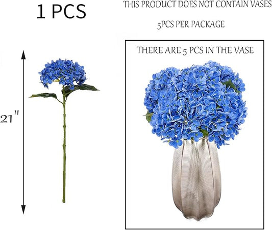 Kimura's Cabin 5Pcs Blue Artificial Hydrangea Flower 21inch Real Touch Fake Hydrangeas Flowers Long Stem with Leaves Hydrangea Bouquet for Wedding Baby Shower Birthday Party Home Interior Decoration