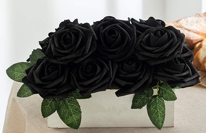 Artificial Flower Black Rose 25pcs Real Fake Rose with Stems Leaves for Home Decoration Party Garden Centerpieces DIY Wedding Bouquets(Black)