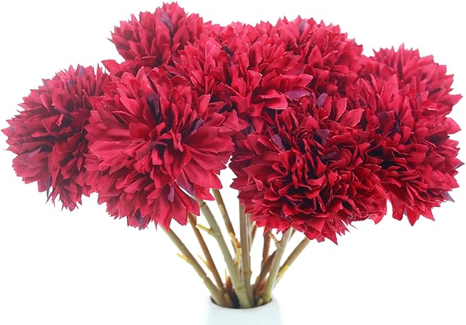 Tinsow 12Pcs Artificial Chrysanthemum Faux Red Ball Flowers Burgundy Fall Flowers for Christmas Autumn Farmhouse Home Decoration (12, Red)