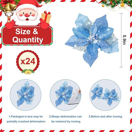 24 Pcs Christmas Poinsettia Flowers Artificial with Clips, 5.9" Christmas Decor Glitter Poinsettia Flowers for Christmas Tree New Year Wedding Party Wreath DIY Garland Decor (Blue)