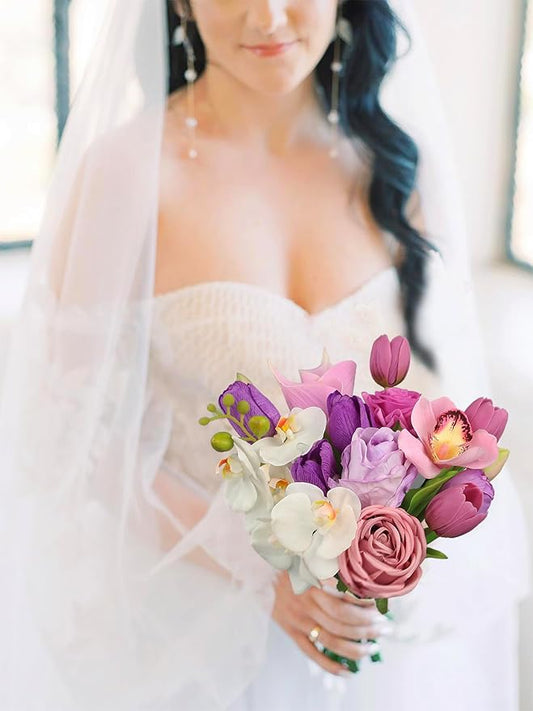 Rinlong 9.8 Inch Silk Posy Bouquet Wedding Bouquets for Bride Artificial Tulips Small Bridal Bouquet for Wedding Ceremony Dark Pink