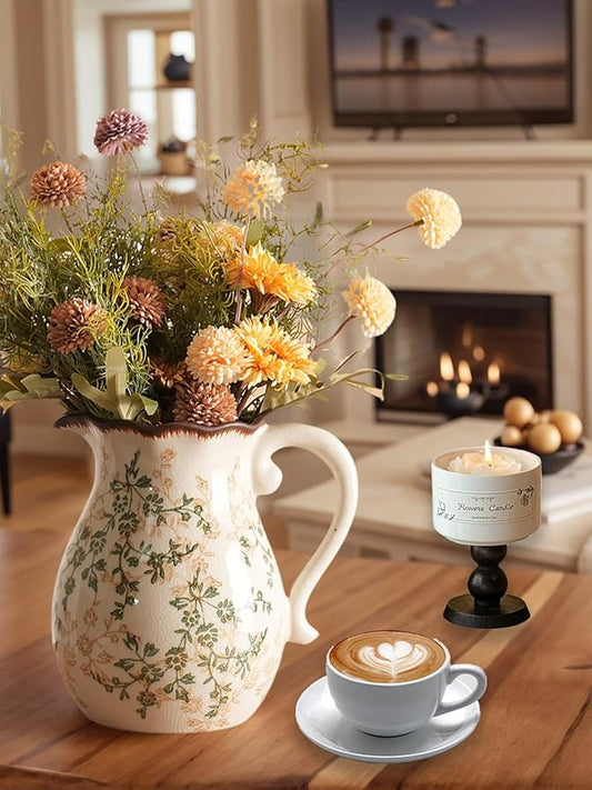 Vintage Ceramic Vase - 8.2 Inch Hand-Painted Flowers with Ice Crackle Glaze Finish, American Farmhouse Style Pitcher Vase for Home Decor, Centerpiece, Shelf, Table, Office
