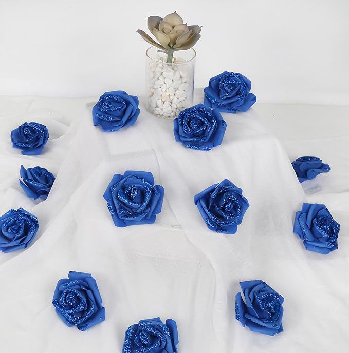 100pcs Royal Blue Glitter Roses 2.56" Foam Roses Glitter Flowers Blue Fake Roses Royal Blue Roses Artificial Flowers for Bridal Shower Centerpieces DIY Wedding Flower Arrangements (Royal Blue)