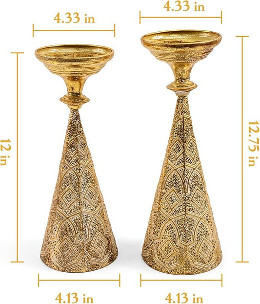 Farmhouse Gold Candle Holders for Pillar Candles, Metal Distressed Set of 2 Retro Flower Design Pillar Candle Stand Dual Use, Can be Vase Table Centerpiece Decor for Fireplace, Living, and Dining Room