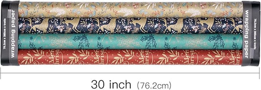 RUSPEPA Christmas Kraft Wrapping Paper - Reindeer, Berry Leaf and Text Design - 4 Rolls - 30 inches x 10 feet per Roll