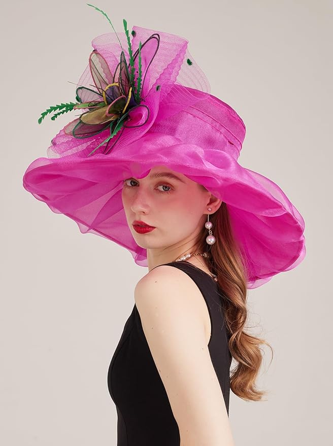 Organza Derby Hats for Women Wide Brim Fascinator Hat Rose Flower Wedding Tea Party Hat