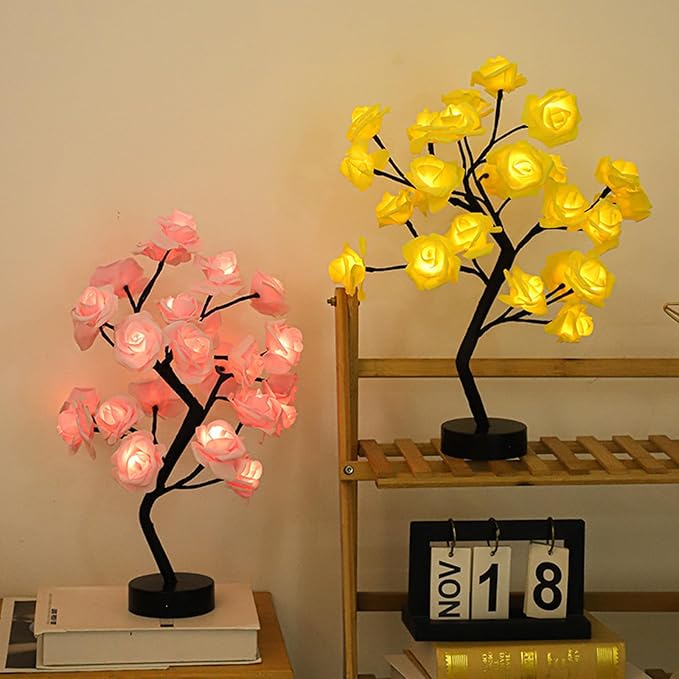 Drawelry Rose Flower Tree Lamp - LED Rose Tree Table Lamp USB/Battery Powered Artificial Bonsai Flower Night Light for Bedroom Living Room Party Wedding Birthday Decor (Yellow)