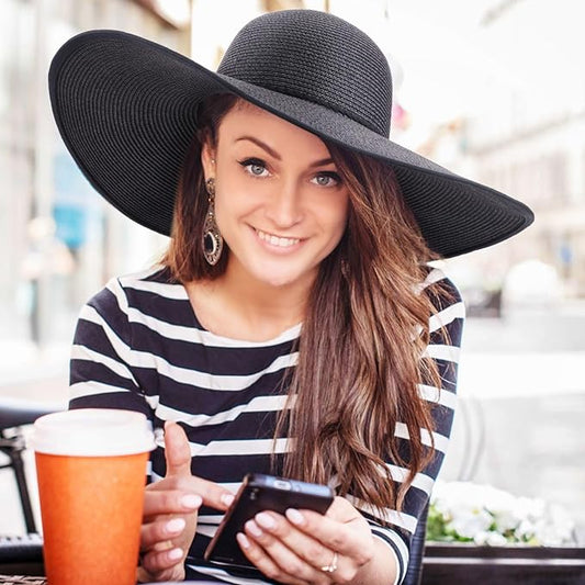 DRESHOW Beach Hats for Women Big Straw Wide Brim Summer Hat Floppy Foldable Roll up Cap Sun Hat UPF 50+