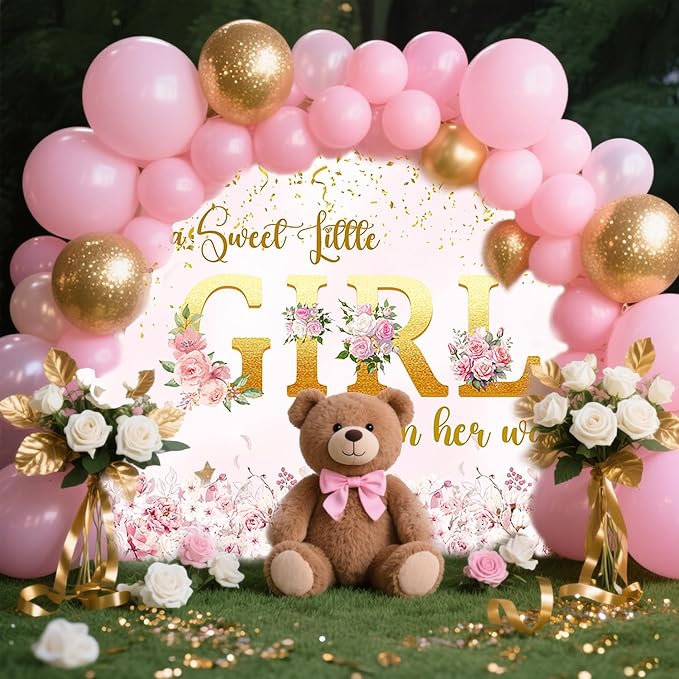 A Sweet Little Girl is on Her Way Backdrop 10x6.5FT – Pink Floral Baby Shower Banner with 19.68FT Ribbon, Double-Stitched Edges & 4 Brass Grommets, Reusable Girl Party Decorations & Photo Booth Props