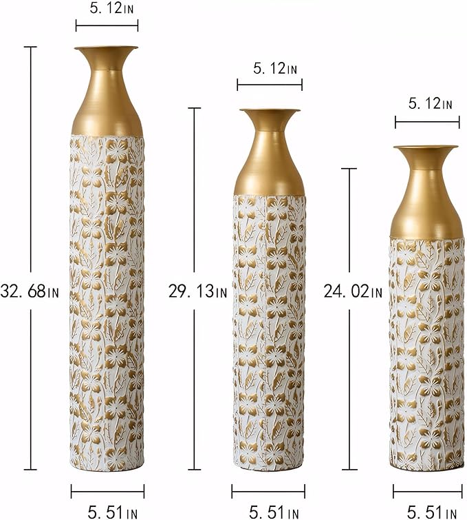 Floor Vases, Tall Home Decor Metal Vase Set of 3 Large Glazed Decorative Vases for Wedding Decor, Elegant Modern Flower Holder for Living Room, Entryway, Hallway, Dining Room