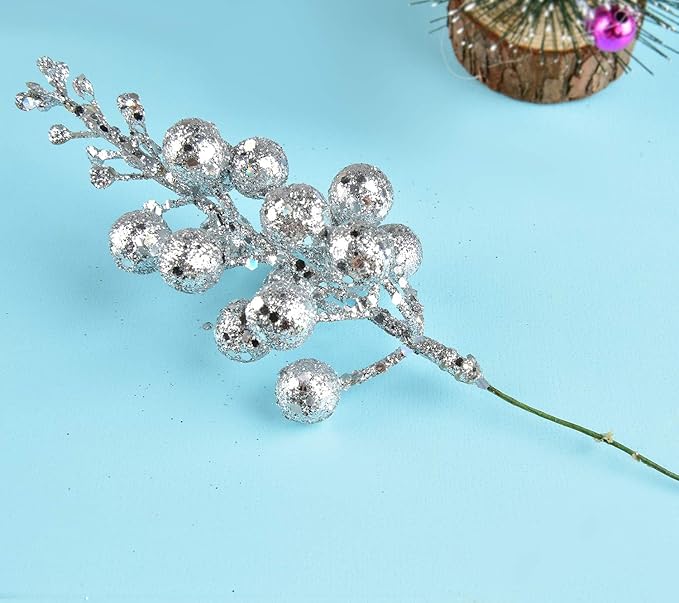 DearHouse 14 Pack Christmas Glitter Berries Stems, 7.8Inch Silver Artificial Christmas Picks for Christmas Tree Ornaments, DIY Xmas Wreath, Crafts, Holiday and Home Decor